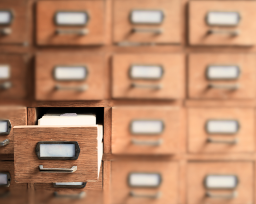 card catalog with one drawer pulled out