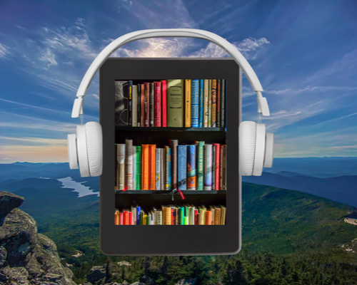 e-reader with book shelf pictured wearing headphones on a mountain landscape