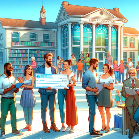 Cartoon people in front of a library